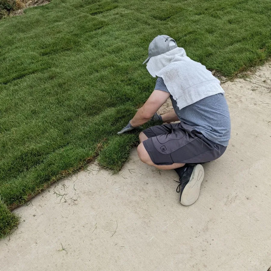 Worker trimming and fitting sod during a professional installation