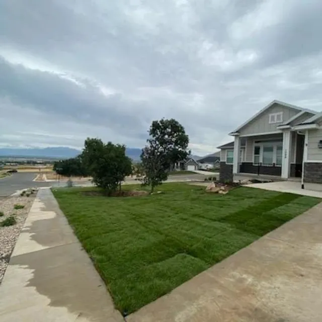 Newly sodded front lawn at a Utah home with mountain views