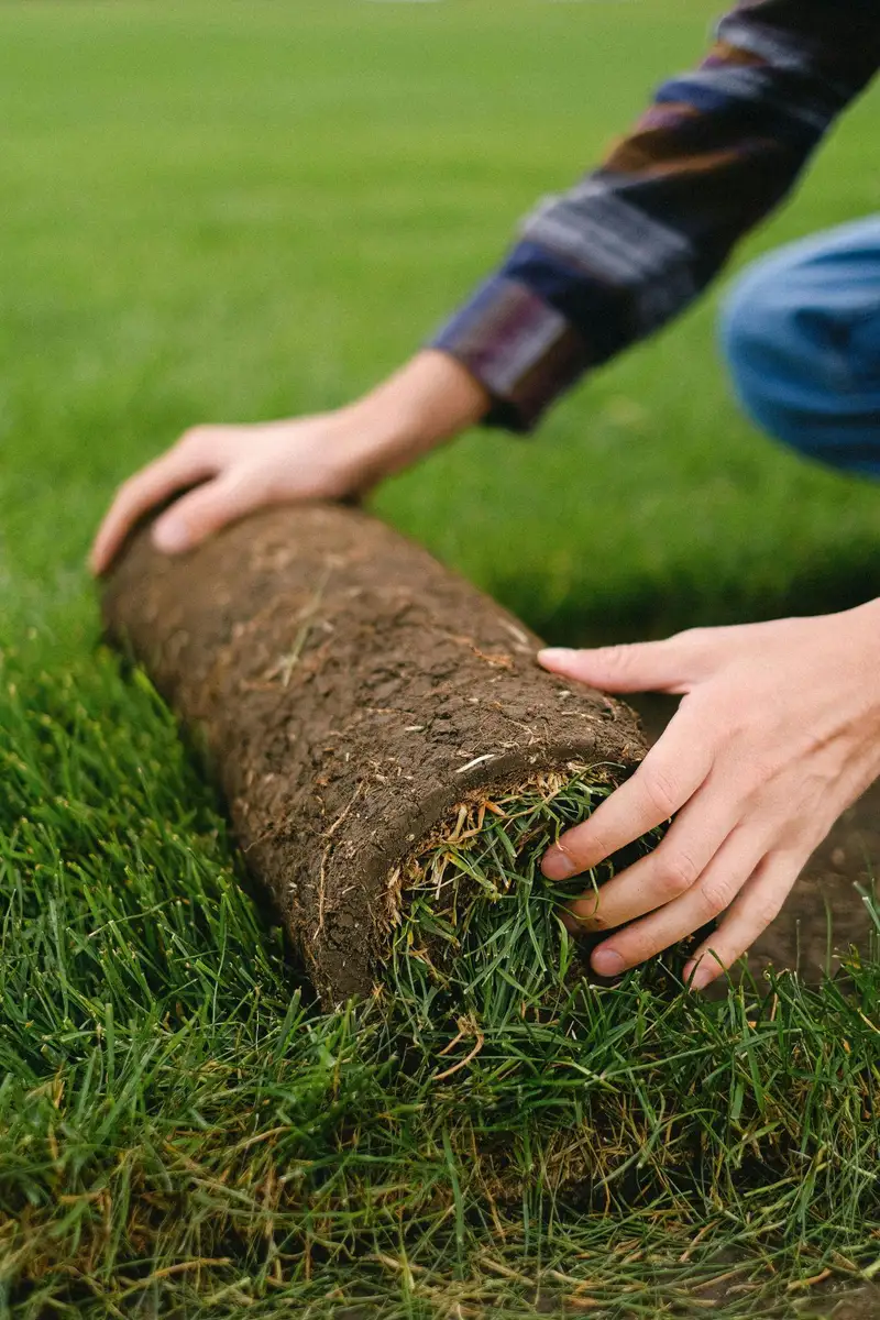 Hands unrolling a fresh roll of sod over prepared soil